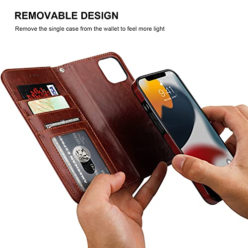 Bocasal Detachable Wallet Case Card Holder for iPhone 13, Brown | RFID Blocking Kickstand Card Slots Holder PU Leather Magnetic Shockproof Wrist Strap Removable Flip Protective Cover 6.1 inch - color: Brown