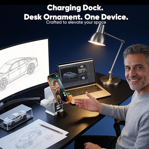 7-in-1 Robot Wireless Charging Station, Qi2.2 25W Magnetic Wireless Charger for iPhone 18-12 Series, AirPods & iWatch, Auto-Rotating Stand, Bluetooth Speaker & 2" Smart Display, 45W Adapter Included - color: Silver-T6D