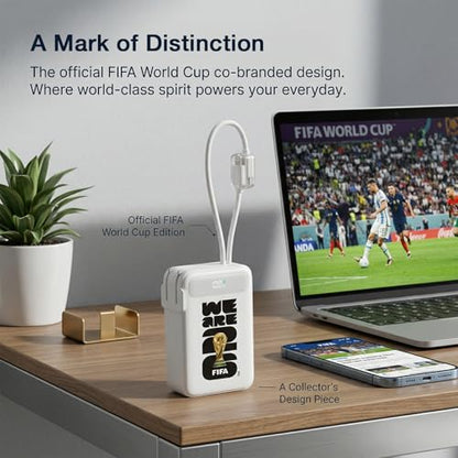 2026 FIFA Licensed Power Bank with Built-in Cable and Foldable Wall Plug, 22.5W 10000mAh Portable Charger, 3-in-1 Power Bank for iPhone 17/16 Series, FIFA World Cup 2026 Official Merchandise, White - color: White