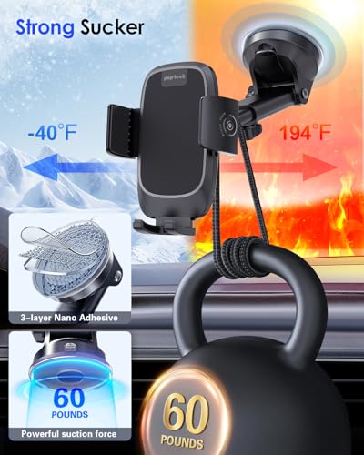 pop-tech Phone Mount for Car, [Military-Grade Suction] Universal Cell Phone Holder for Your Car Dashboard Windshield Window, Automobile Cradle Fit for iPhone Samsung All Smartphones with Thick Case