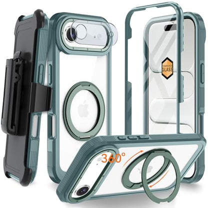 Magnetic for iPhone Air Case, Compatible with MagSafe, Full Body Rugged Case with Built-in Screen Protector & Kickstand & Belt-Clip (Green) - color: Green