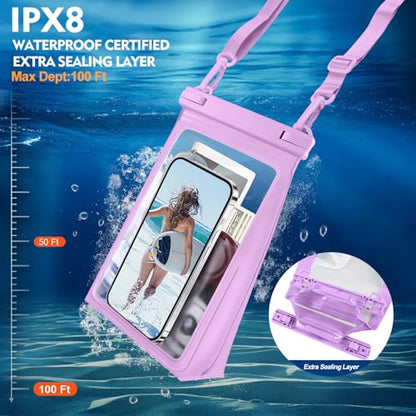 PEDVSTY Large Floating Waterproof Phone Pouch with Sealing Strip, Purple | Expandable Space, Double Seals, IPX8 Cell Phone Dry Bag, Touch Screen, Fit All Phones, Kayak Pool Beach Cruise Essentials - color: Purple, size: Large (Up to 8.5")