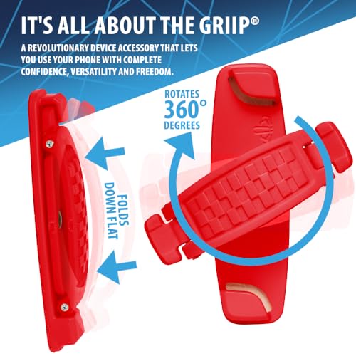 SpiiderGriip 360 Rotating Phone Grip – Flat-Fold Kickstand & Secure Strap – Works with iPhone, Android, Tablets & Cases – Comfortable & Durable (Red) - color: Red