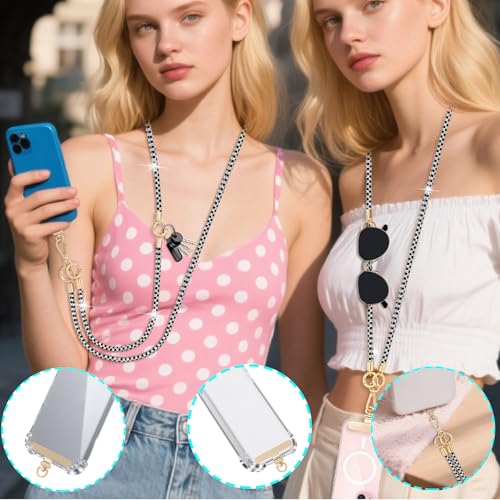 Crystal Phone Lanyard Crossbody Adjustable Rhinestone Anti-Theft Phone Strap Crossbody Cell Phone Neck Strap for Women - color: Black+white