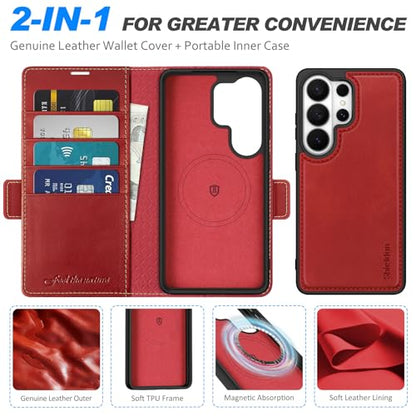 SHIELDON Removable Leather Wallet Case for Galaxy S26 Ultra 6.9", Retro Red | Genuine Leather, Detachable, RFID Blocking, Credit Card Slot, Flip Magnetic Design, Kickstand, Shock Absorbing Phone Cover - color: Retro Red