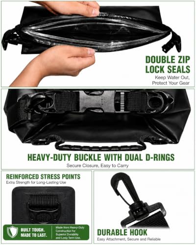 Freegrace Waterproof Dry Bag with Double Zip-Lock, Phone Case & Waist Pouch | 20L Black, Submersible 500D Drysack, Crossbody Strap & Grab Handle, Gear For Kayaking, Boating, Beach, Swimming, Scuba Diving - color: Black, size: 20L, style: Without Window