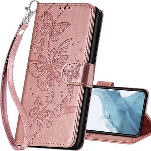 for Samsung Galaxy S23 Wallet case, Rose Gold-Butterfly | 3 Card Holders, Kickstand, Shockproof TPU Shell, PU Leather, Magnetic Closure, Protective Flip Folio Cover, Women - color: 6