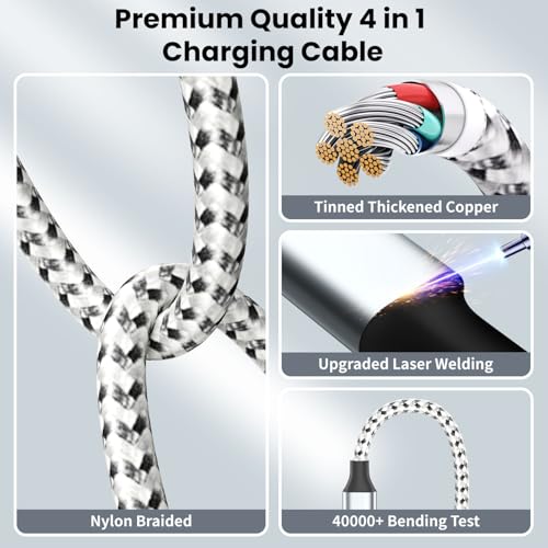 Travel Essentials 4in1 Multi Charging Cable for iPhone Watch Charger 3PK5FT - color: Light Grey Silver, size: AC to 2C+L+iWatch