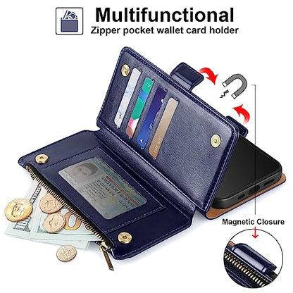 Antsturdy for iPhone 13 Pro Max Phone Wallet Case Women,Dark Blue | RFID Blocking,with Credit Card Holder Slots,PU Leather Purse,Zipper Pocket,Wrist Strap Kickstand,Flip Folio Cover for Men - color: A-Dark Blue