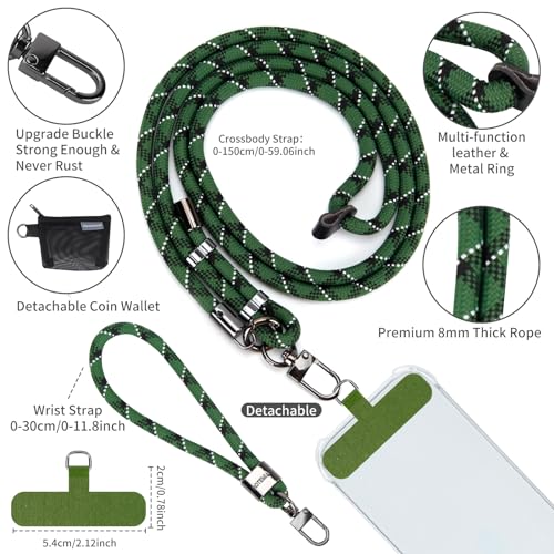 HOTEMIA Phone Lanyard and Wrist Straps, Adjustable Cell Phone Lanyard Crossbody with Detachable Wallet, 8mm Thick iPhone Lanyard for Around the Neck (Green+Wallet) - color: Green+wallet