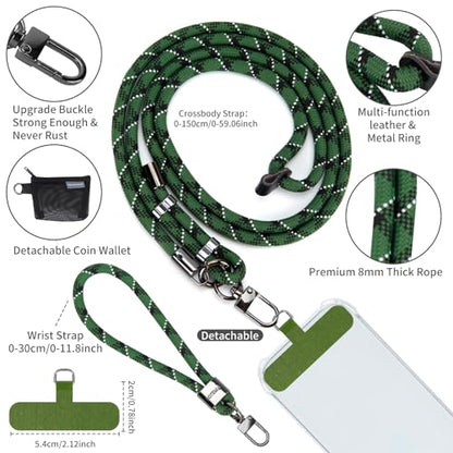 HOTEMIA Phone Lanyard and Wrist Straps, Adjustable Cell Phone Lanyard Crossbody with Detachable Wallet, 8mm Thick iPhone Lanyard for Around the Neck (Green+Wallet) - color: Green+wallet