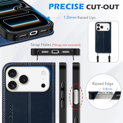 SHIELDON Genuine Leather Case Wallet for iPhone 17 Pro Max, Retro Dark Blue | Folio Design, Magnetic Closure, RFID Blocking, Credit Card Holder, Kickstand, Shock Absorbing Protective Cover - color: Retro Dark Blue
