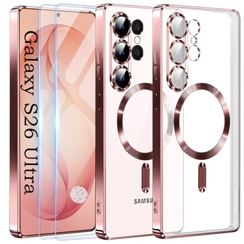 Official Titanium Case for Samsung Galaxy S26 Ultra with 2 Screen Protector,[Compatible with MagSafe][Full Camera Cover] Metallic Glossy Slim Luxury Phone Case for Galaxy S 26 Ultra,Pink - color: Pink, size: Samsung Galaxy S26 Ultra