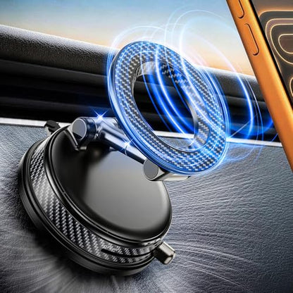 Upgraded Car Phone holder for Magsafe [120LBS Suction Cup & 3000gf Magnet ] 1100° Adjustable Vacuum Magnetic Phone Holders for Your Car, Dashboard Car Mount Bracket for iPhone & Android, Carbon Fiber - color: Black