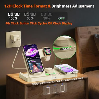 Dual Phone Magnetic Wireless Charging Station for Apple Devices/Apple Ecosystem,with Auto-Switch 7-Color Light & Clock, Compatible with iPhone 17/16/15, for iWatch 11/10/9 & AirPods Pro3（Cream