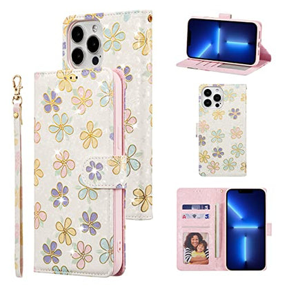 UEEBAI Wallet Case for iPhone 13 Pro Max, PU Leather Phone Cover Kickstand RFID Blocking Flip Case Card Slots Wrist Strap Relief Engraved Pattern Magnetic Closure Flower Folio Wallet, White Daisy - color: White Daisy, size: iPhone 13 Pro Max