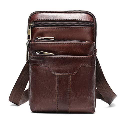 Cell Phone Shoulder Bag Leather Men, Waterproof Phone Waist Bag Messenger Bag Crossbody Purse with Belt Loop Wallet Case - color: Coffee