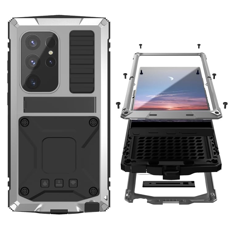 Simicoo Compatible with Samsung Galaxy S24 Ultra Metal Bumper Heavy Duty Case with Stand Gorilla Glass Camera Cover Hybrid Durable Military Rugged Shockproof Rugged Full Body Men(Silver) - color: Silver, size: Samsung S24 Ultra