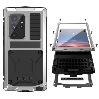 Simicoo Compatible with Samsung Galaxy S24 Ultra Metal Bumper Heavy Duty Case with Stand Gorilla Glass Camera Cover Hybrid Durable Military Rugged Shockproof Rugged Full Body Men(Silver) - color: Silver, size: Samsung S24 Ultra