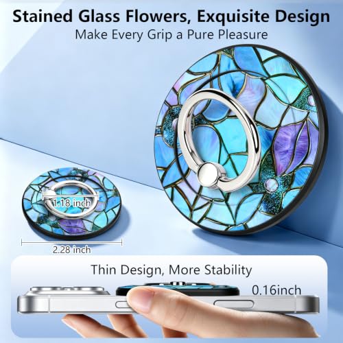 Magnetic Phone Ring Holder with MagSafe, 360° Rotation Super Magnet Finger Grip Removable Kickstand, Cute Stained Glass Floral Designed Stand for iPhone 17 16 15 14 13 12 Pro Max Plus, Blue Flower - color: Blue Flower