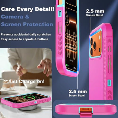 for iPhone 17 Pro Max Case with Belt Clip Holster,[Compatible with MagSafe] w/Screen Protector,Anti-Drop Shockproof Heavy Duty Protective Rugged Magnetic Phone Cover,with 360°Rotating Kickstand (Pink - color: Pink