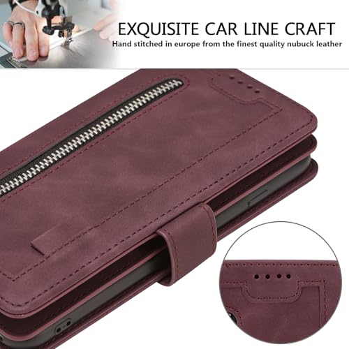 EYZUTAK Wallet Phone Case for Samsung Galaxy A16 4G/5G, Retro Matte 9 Card Holder Slots Zipper Pocket Handbag Case PU Leather Magnetic Closure Kickstand with Wrist Strap Flip Purse Case - Wine Red - color: Wine Red, size: Samsung Galaxy A16 4G/5G