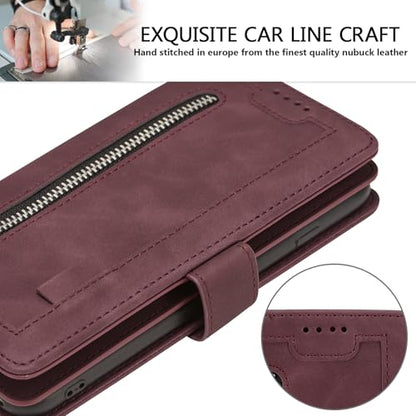 EYZUTAK Wallet Phone Case for Samsung Galaxy A16 4G/5G, Retro Matte 9 Card Holder Slots Zipper Pocket Handbag Case PU Leather Magnetic Closure Kickstand with Wrist Strap Flip Purse Case - Wine Red - color: Wine Red, size: Samsung Galaxy A16 4G/5G