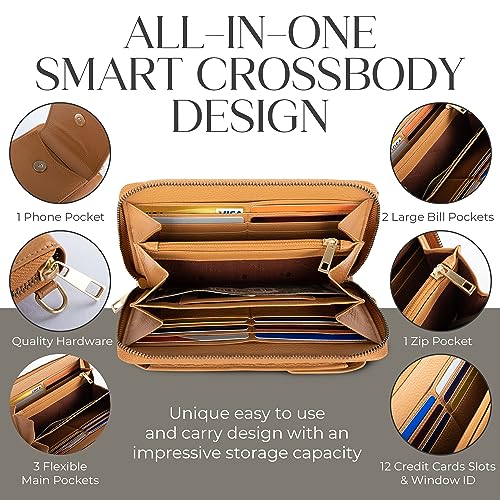 BULL GUARD Crossbody Bag for Women, Leather Phone Wallet Purse with Adjustable Anti Theft Strap & RFID Blocking 12 Card Slots - color: Golden Brown Latte Bliss - Small