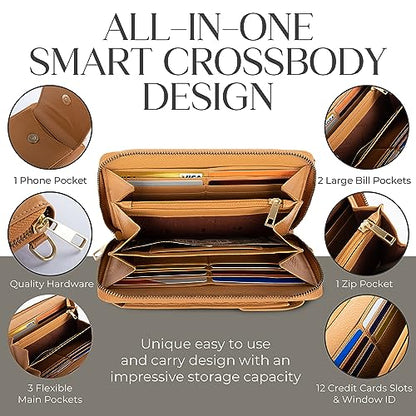 BULL GUARD Crossbody Bag for Women, Leather Phone Wallet Purse with Adjustable Anti Theft Strap & RFID Blocking 12 Card Slots - color: Golden Brown Latte Bliss - Small