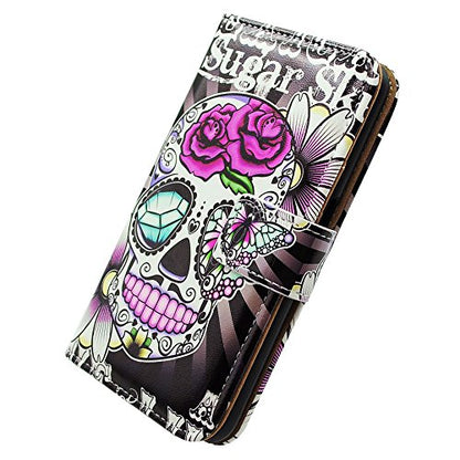 Bcov Case for iPhone 14 Pro, Purple Flower Sugar Skull Leather Flip Phone Case Wallet Cover with Card Slot Holder Kickstand for iPhone 14 Pro - color: Purple Flower Sugar Skull