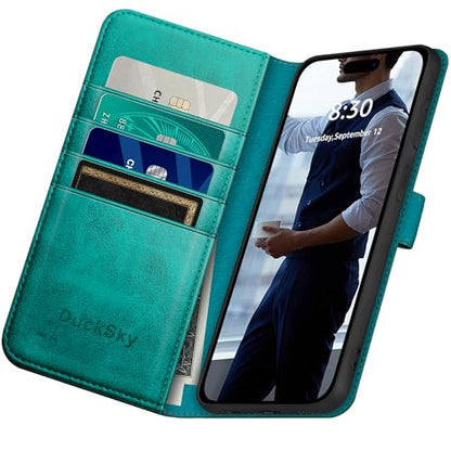 DuckSky Compatible with iPhone 17 Pro Max 6.9" Genuine Leather Wallet case【RFID Blocking】【4 Credit Card Holder】【Real Leather】 Flip Phone case Cover Women Men for Apple 17 Pro Max case Blue Green - color: Blue Green