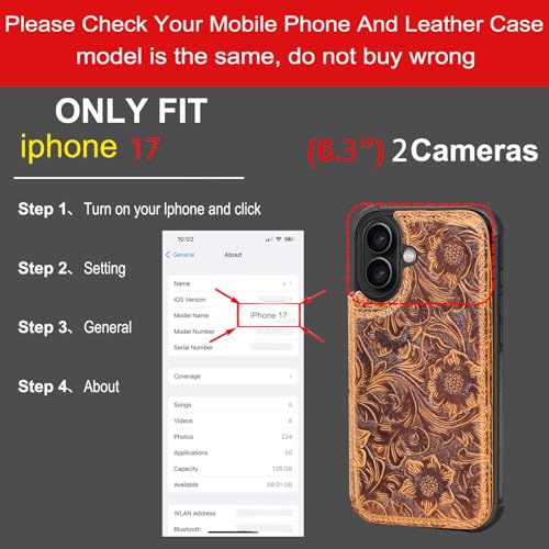 Wallet Real Leather Case Compatible with iPhone 17 6.1" Brown | Genuine Leather,Shockproof, Anti-Fall Case,Flip Cover,with Card Slot,Double Magnetic Buckle,Kickstand,RFID Blocking Brown - color: Brown, size: 6.1"-17