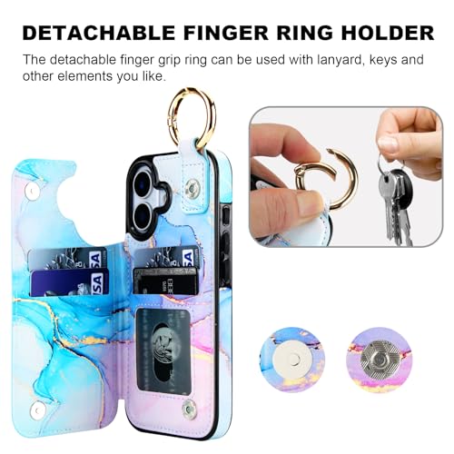 HAOPINSH Wallet Case for iPhone 17 with Card Holder, Pink Blue Marble Print Back Flip Folio PU Leather Kickstand Card Slots Case, Finger Grip Ring Double Magnetic Clasp Shockproof 6.3" - color: Pink Blue Marble Grip Ring