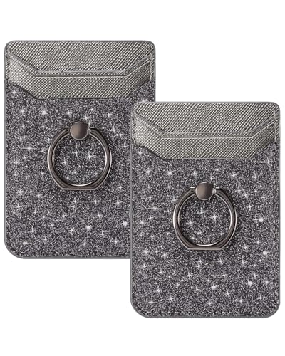 2Pcs RFID Phone Wallet Stick on Back of Phone Card Holder with Ring | 2 Black Glitter Sticky Phone Wallet for Credit Card/IDs/Pocket, Adhesive Phone Card Holder for iPhone, Videos - color: Black Glittering