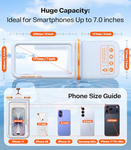 TORRAS IP68 Waterproof Phone Pouch Floating with Double Space 7.0", White | Waterproof Phone Case with Crossbody Lanyard, Phone Dry Bag for iPhone 17 Pro Max 16 S26, Beach Cruise Ship Travel Essentials - color: White