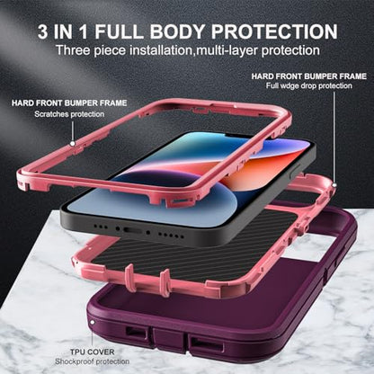 YKHJKLEC for iPhone 13/iPhone 14 Case, Compatible with Magsafe, 3 in 1 Heavy Duty Shockproof/Drop Proof/Dust Proof Case with 2Pcs Tempered Glass Screen Protector (New-Purple/Pink) - color: New-Purple/Pink
