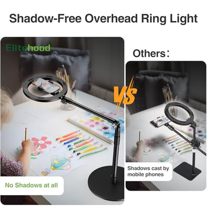 elitehood Overhead Phone Mount with Ring Light, Overhead Tripod for iPhone - style: Desk Stand with Light