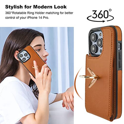 Folosu Compatible with iPhone 14 Pro Case Wallet with Card Holder, 360°Rotation Finger Ring Holder Kickstand, RFID Blocking Leather Protective Double Buttons Shockproof Cover 6.1 Inch Brown - color: Brown, size: iPhone 14 Pro