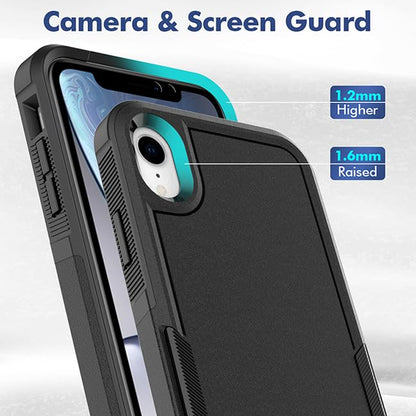 for iPhone XR Case: Dual Layer Protective Heavy Duty Cell Phone Case Shockproof Rugged Bumper Tough with Screen Protector - 16ft Military Grade Drop Tested for Appple iPhone XR (6.1 inch), Black - color: Black (PC) + Black (TPU)
