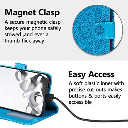 EYZUTAK Case for iPhone 14 Plus, Premium PU Leather Magnetic Flip Wallet Case with Card Holder Cash Slot Lanyard Strap Kickstand Function Embossed Mandala Flower Pattern Shockproof Cover - Blue - color: Blue, size: iPhone 14 Plus