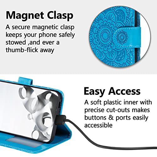 EYZUTAK Case for Samsung Galaxy A17 5G/A26 5G, Premium Leather Magnetic Closure Flip Wallet Phone Case with Card Holder Cash Slots Kickstand Embossed Mandala Flower Shockproof Lanyard Cover - Blue - color: Blue, size: Samsung Galaxy A17 5G/A26 5G