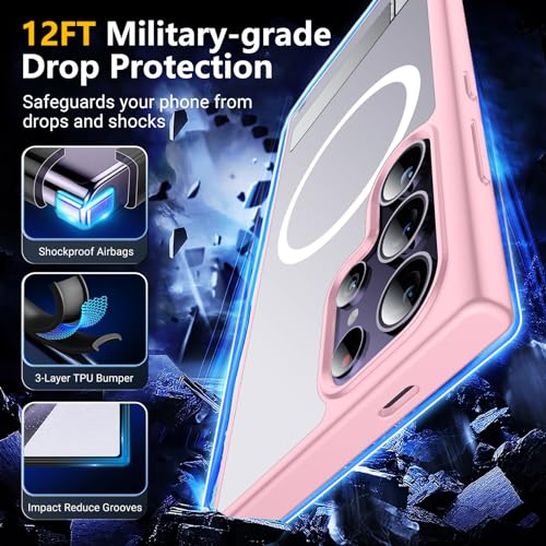 SPIDERCASE Magnetic for Samsung Galaxy S24 Ultra Case, with Invisible Kickstand [Military Grade Drop Protection] [2 pcs Tempered Glass Screen Protectors] Shockproof Slim Case,Pink - color: Pink