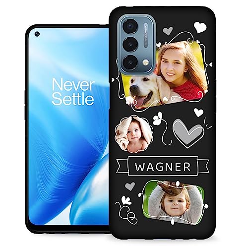Custom Phone Case for OnePlus Nord N200 5G - Personalized Photo Case Picture Bumper Silicone Customized Case Soft Matte Candy Cases Protective Phone Cover Xmas Gift Black for Kids Child - color: Black 08 - Cute Drawing, 3 Photos Name