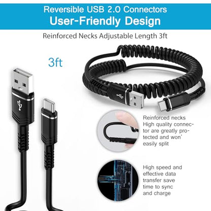 Coiled USB C to USB A Cable Fast Charging Retractable Android Phone Cord - color: Full Black