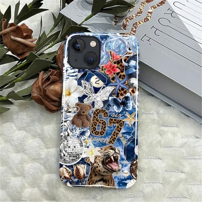 Case for iPhone 14 Plus, Cute Phone Case, Blue Leopard Collage | Hybrid 2-Layer Phone Cover，Military-Grade Protection Durable Shockproof Anti-Scratch Cases - color: Blue Leopard Collage, size: Iphone 14 Plus