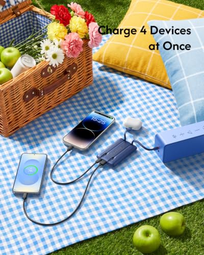 VEGER 10000mAh 0.4lb Fast Charging Portable Charger with Built-in Cables - color: Navy Blue
