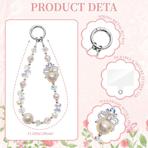 WOZEAH Phone Charm for Women, Beaded Wrist Strap Lanyard with Tether Tab – Anti-Theft Hands-Free Detachable Phone Chain Wristlet - color: Pink Crown