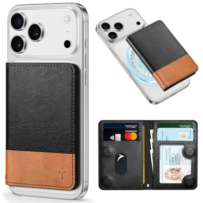 TUCCH Magnetic Card Wallet, 6 Card Holders, Textured Black & Light Brown | RFID Blocking, Compatible with Magsafe, for iPhone 17/17e/16/15/14/13/12 Pro/Pro Max/Plus, Clear ID Window, PU Leather - color: Textured Black & Light Brown