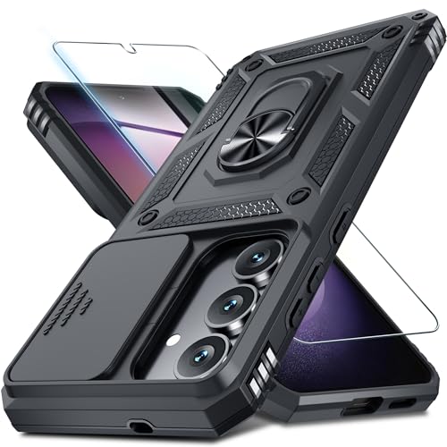 Janmitta for Samsung Galaxy S25 FE Case Built in Slide Camera Cover,Black | with Tempered Glass Screen Protector+Finger Ring Holder Kickstand,Heavy Duty Shockproof Full Body Phone Cover - color: Black, size: For Samsung S25 Fe