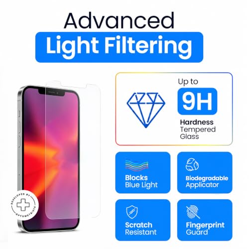 Ocushield Anti Blue Light Tempered Glass Screen Protector of iPhone 13, 13 Pro, 14 & 16E (6.1") – Blocks Blue Light, Prevents Eye Strain & Helps You Sleep Better, 9H Hardness & Case Friendly - size: iPhone 13 | 13 Pro | 14 | 16E